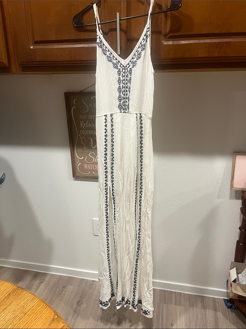 Lush White Maxi Dress with Navy Embroidered Trim splits in front